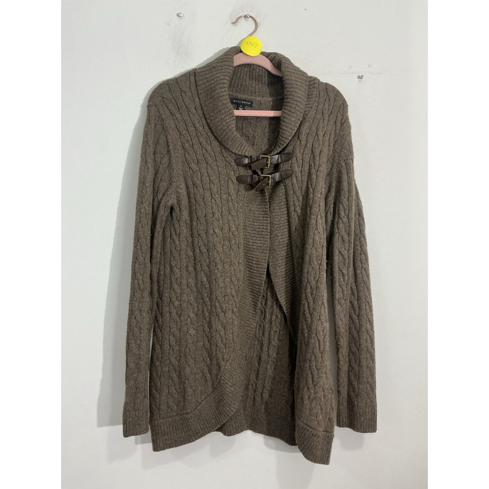 Womans Will Smith Large Brown Cable Knit Buckle Close Cardigan Sweater